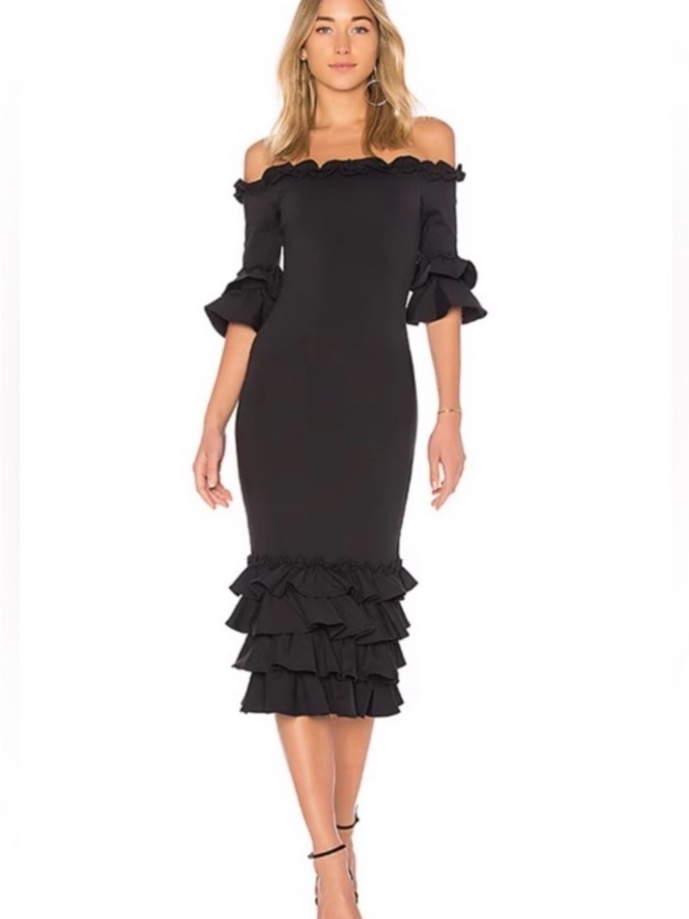 NWT Donna Mizani Revolve "Pishi" Off-Shoulder Ruffle Midi Dress - Black
- Size L